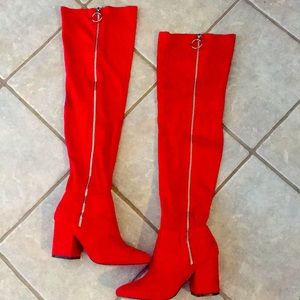 RED KNEE-HIGH Zip Up Boots